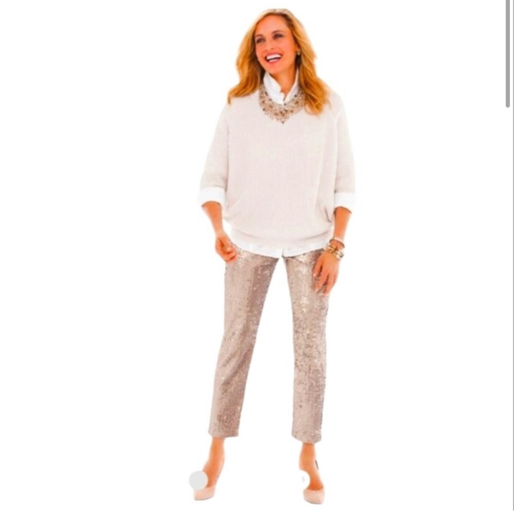 NWT Chico’s Tan Metallic Sequin Velvet Ankle Pants, Size 00
